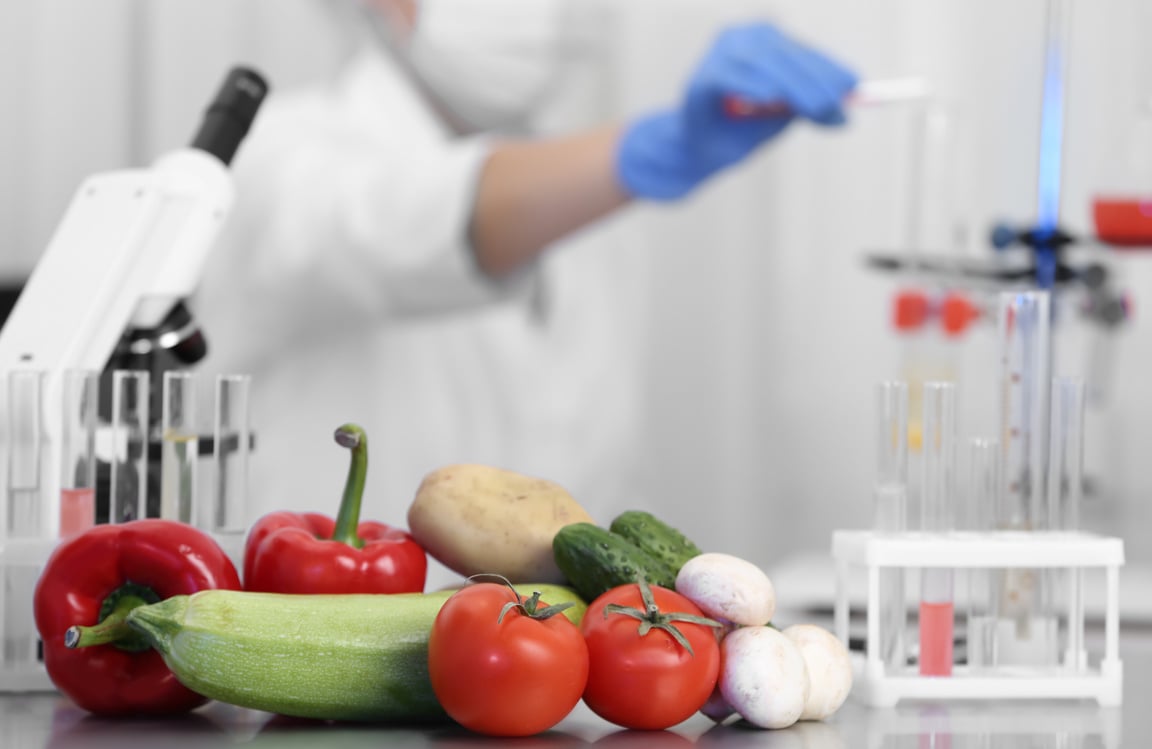 Fresh Vegetables on Table in Laboratory. Food Quality Control